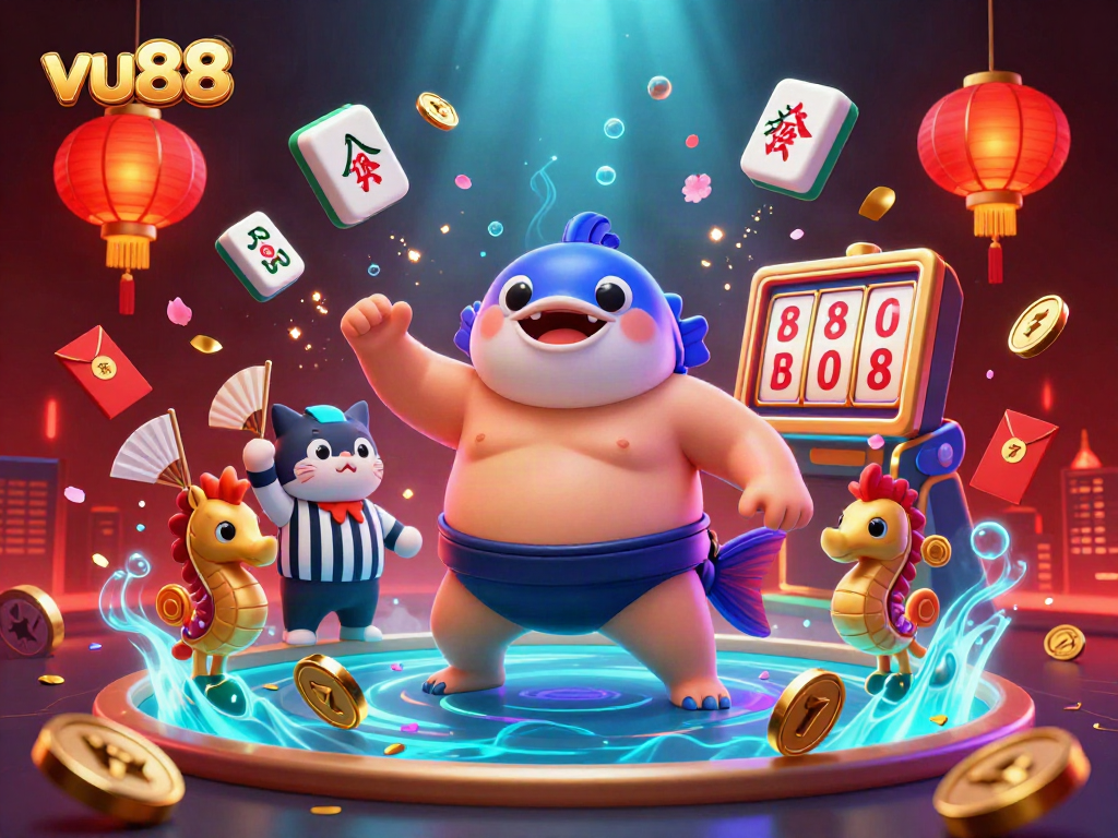 Engage with the thrilling vu88 underwater casino scene featuring a fugu in a sumo belt.