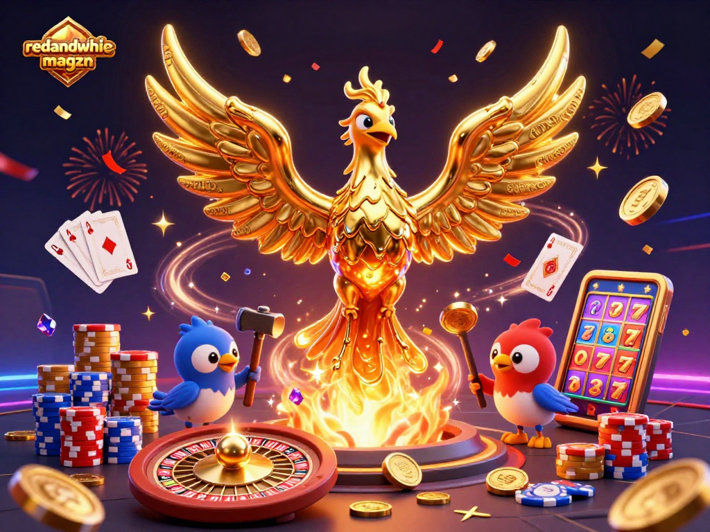 Engage with the vibrant energy at redandwhitemagzn's futuristic casino illustration featuring a majestic golden phoenix.