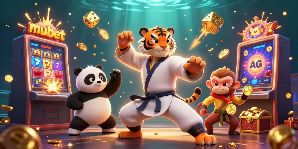 Mubet casino action scene featuring a kung fu tiger master, panda disciple, and monkey student among rich gaming elements.