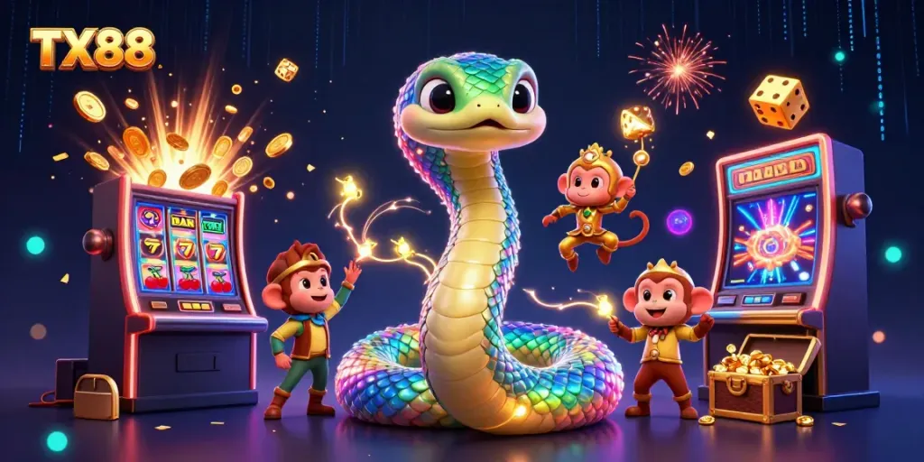 Play engaging games at TX88 with a vibrant jackpot scene, featuring a colorful 3D serpent and slot machine.