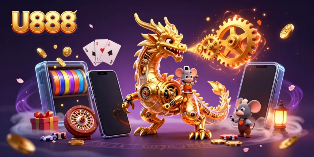Experience U888 with a golden dragon and exciting casino elements, illustrating a vibrant gaming scene.