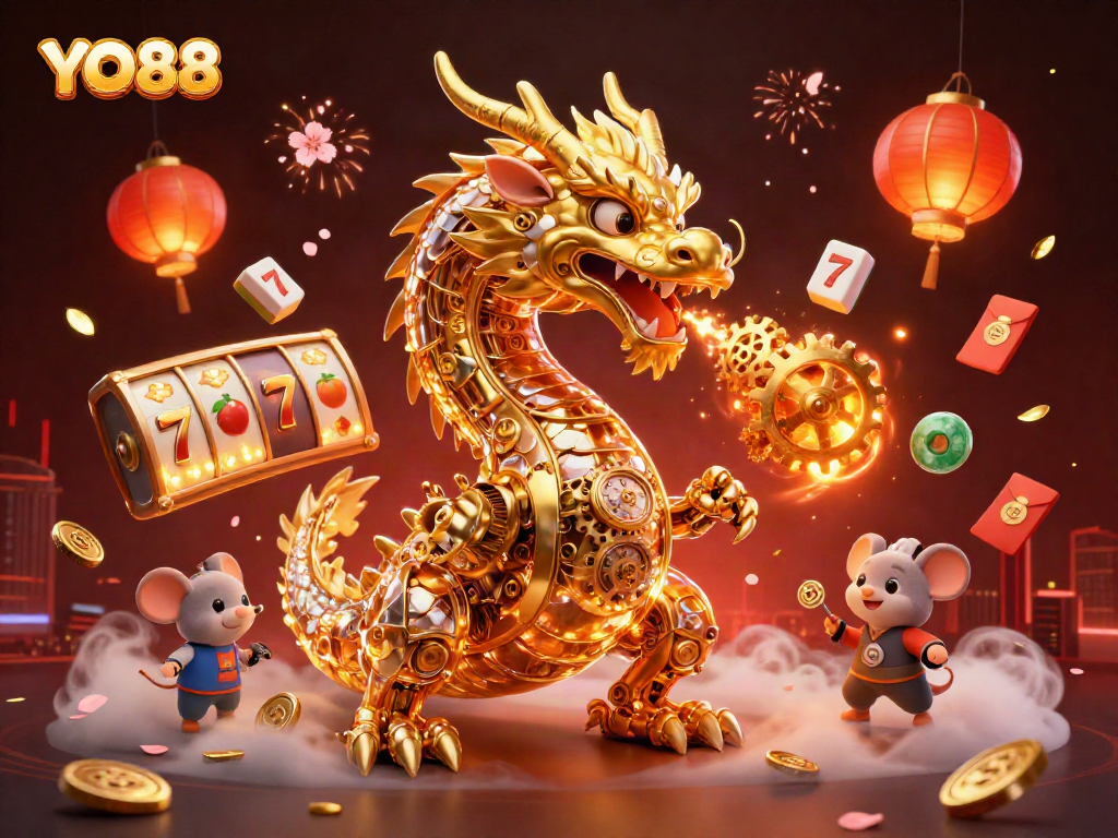 Experience exciting gameplay with YO88 in an ultra-detailed 3D illustration showcasing slot machines and vibrant casino elements.