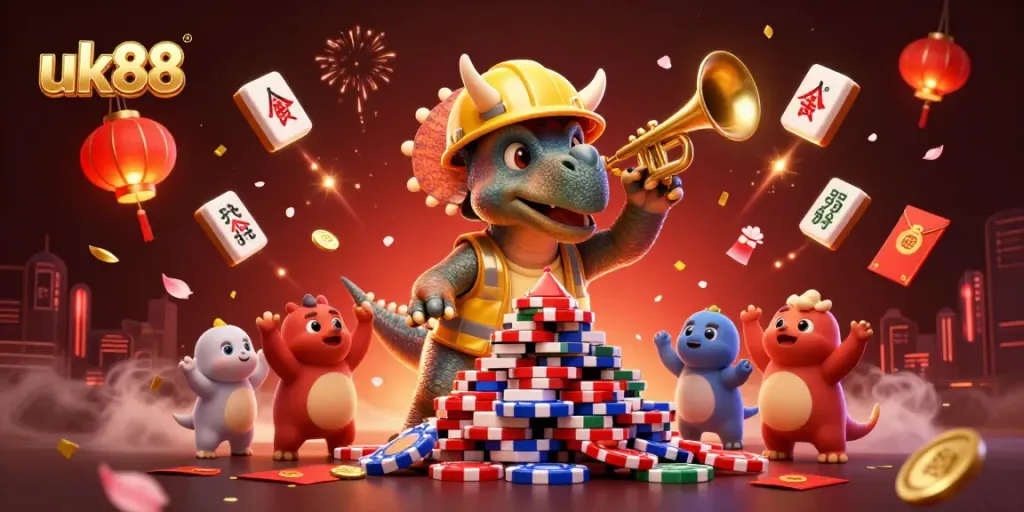 Experience the vibrant and dynamic energy of uk88 with a 3D casino illustration featuring playful characters and celebrations.