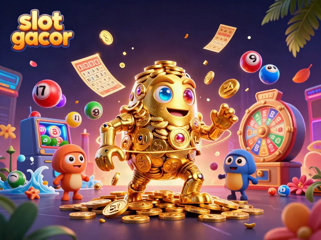 Engage with slot gacor through a dynamic 3D scene featuring golden characters, colorful lottery elements, and vibrant casino visuals.
