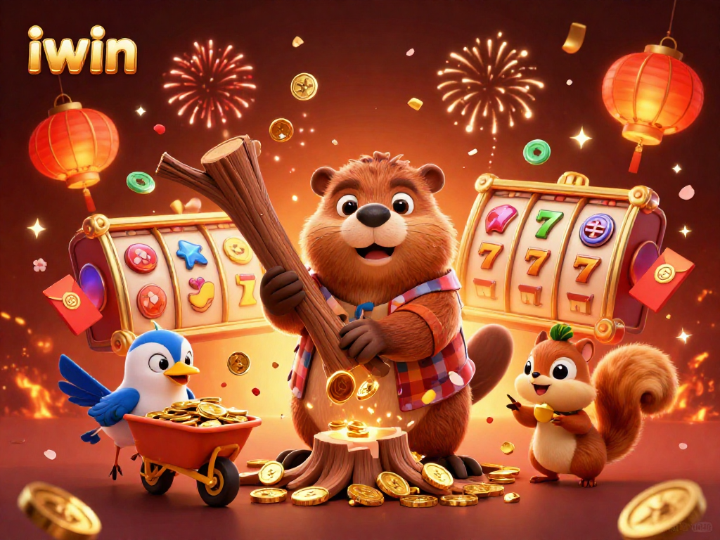Join the excitement of iwin with our colorful casino scene featuring animated characters and slot reels.