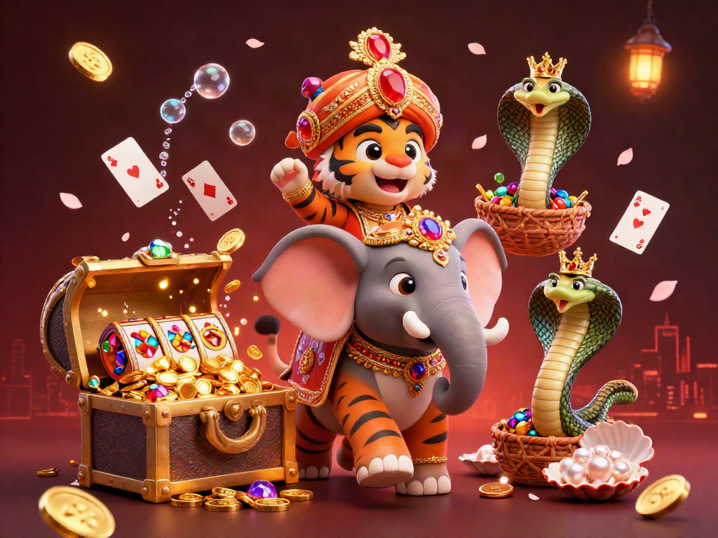 Enjoy thrilling Nổ Hũ experience with a majestic maharaja and vibrant casino elements in a dynamic 3D illustration.