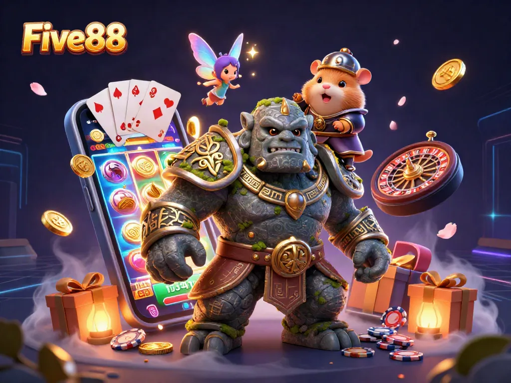 Engaging gaming scene featuring Five88 with a stone golem, fairy magic, and colorful casino elements.