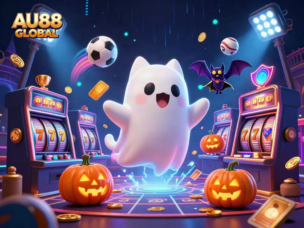 Enjoy vibrant gameplay at AU88 GLOBAL with thrilling slots and animated characters in a haunted casino.