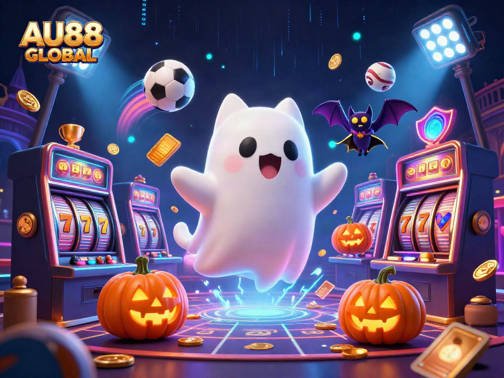 Enjoy vibrant gameplay at AU88 GLOBAL with thrilling slots and animated characters in a haunted casino.
