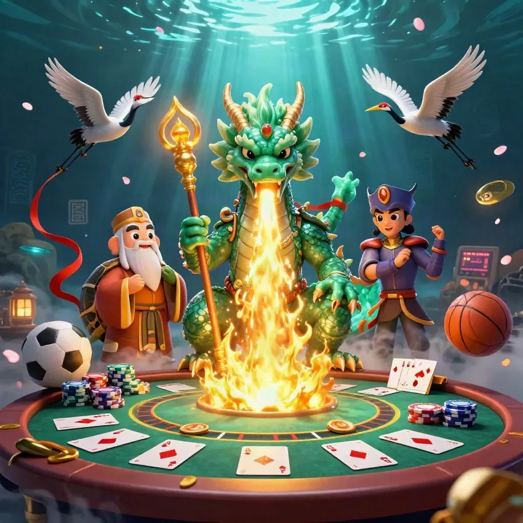 Jade dragon, turtle sage, cranes, chips, cards, balls, and stormy casino magic.