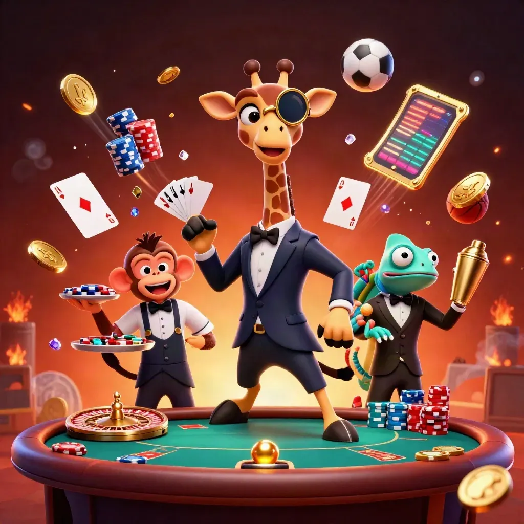Low-angle casino animals around a poker table with flying chips, coins, roulette and sports balls.
