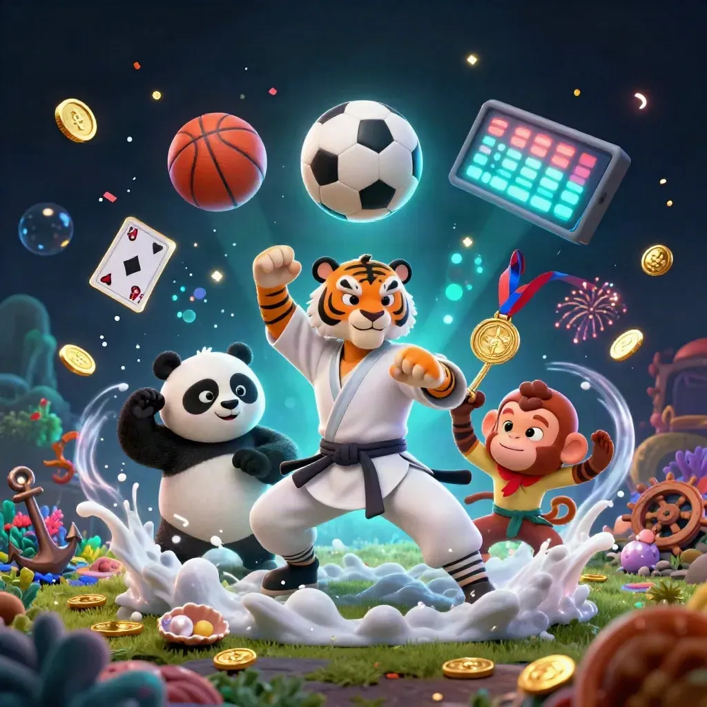 Kung-fu tiger, panda and monkey in neon storm with soccer ball, casino treasures and glowing effects.