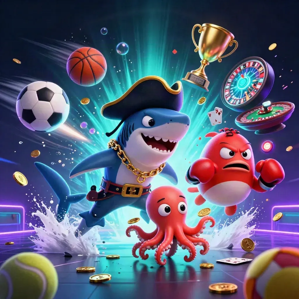 Pirate shark, boxing pufferfish, and coin-juggling octopus amid casino and sports chaos