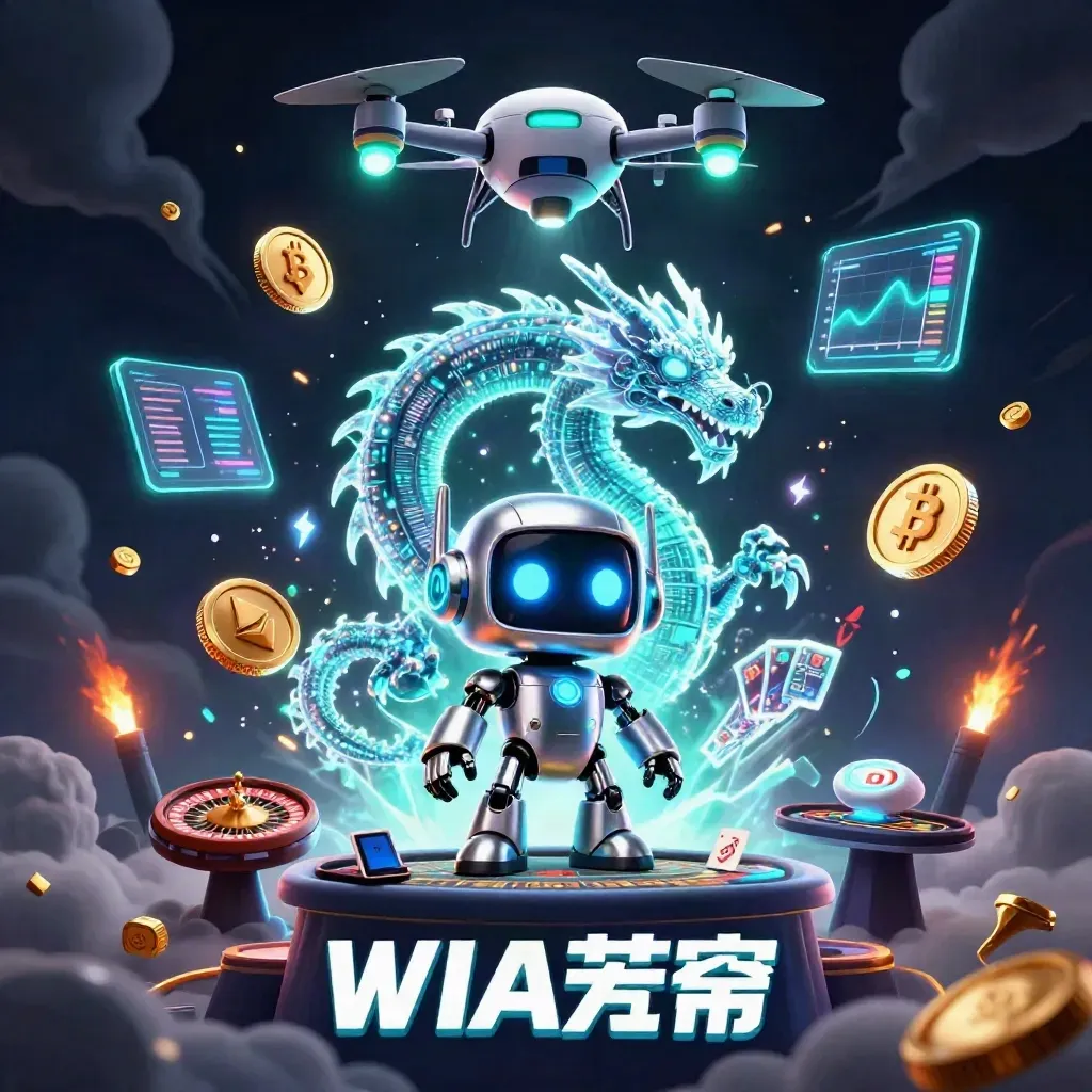 Robot, holographic dragon, and coin drone in neon casino storm light