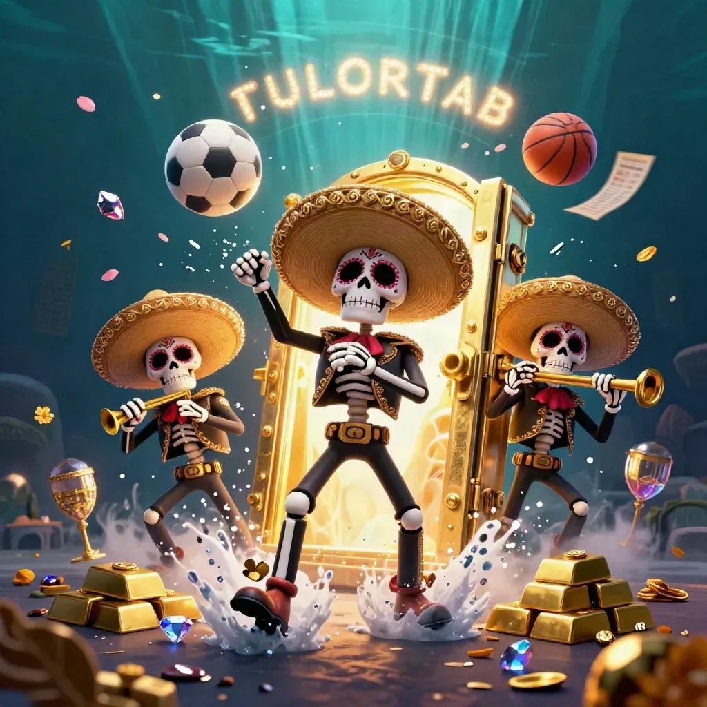 Skeleton mariachi trio amid treasure burst, balls, petals, and teal-gold casino light.