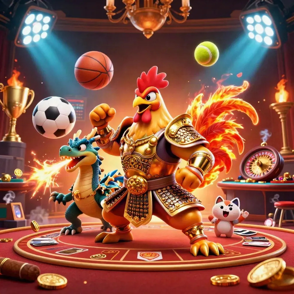 Rooster warrior, dragon hatchling and fortune-cat amid casino storm lights, trophy, coins and spinning wheel.