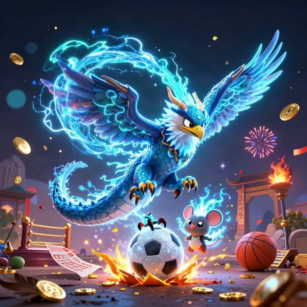 Thunder dragon, hawk and mouse with cricket ball, casino effects, dark neon storm