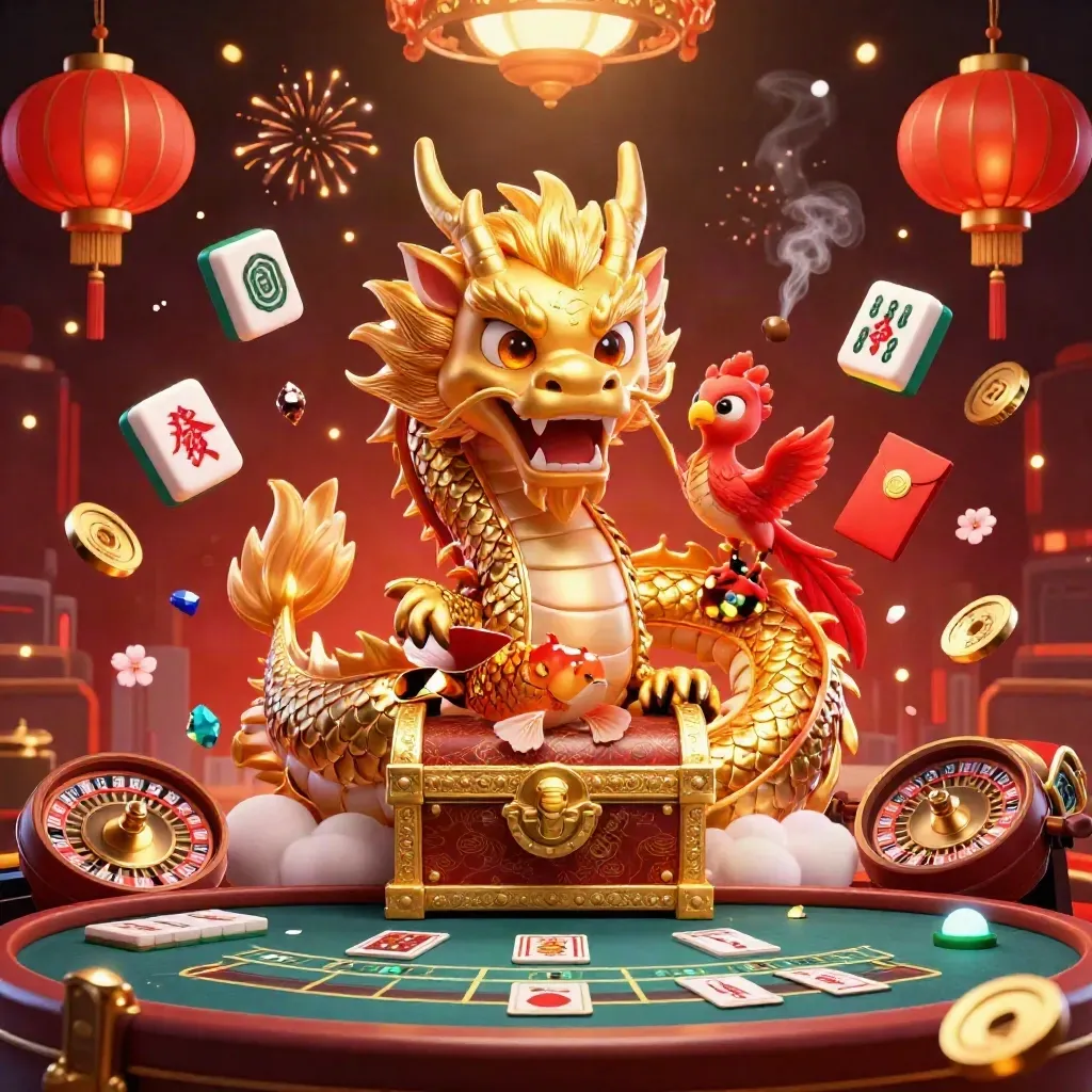 Golden dragon, phoenix and koi amid casino lights, lanterns, coins and a spinning wheel