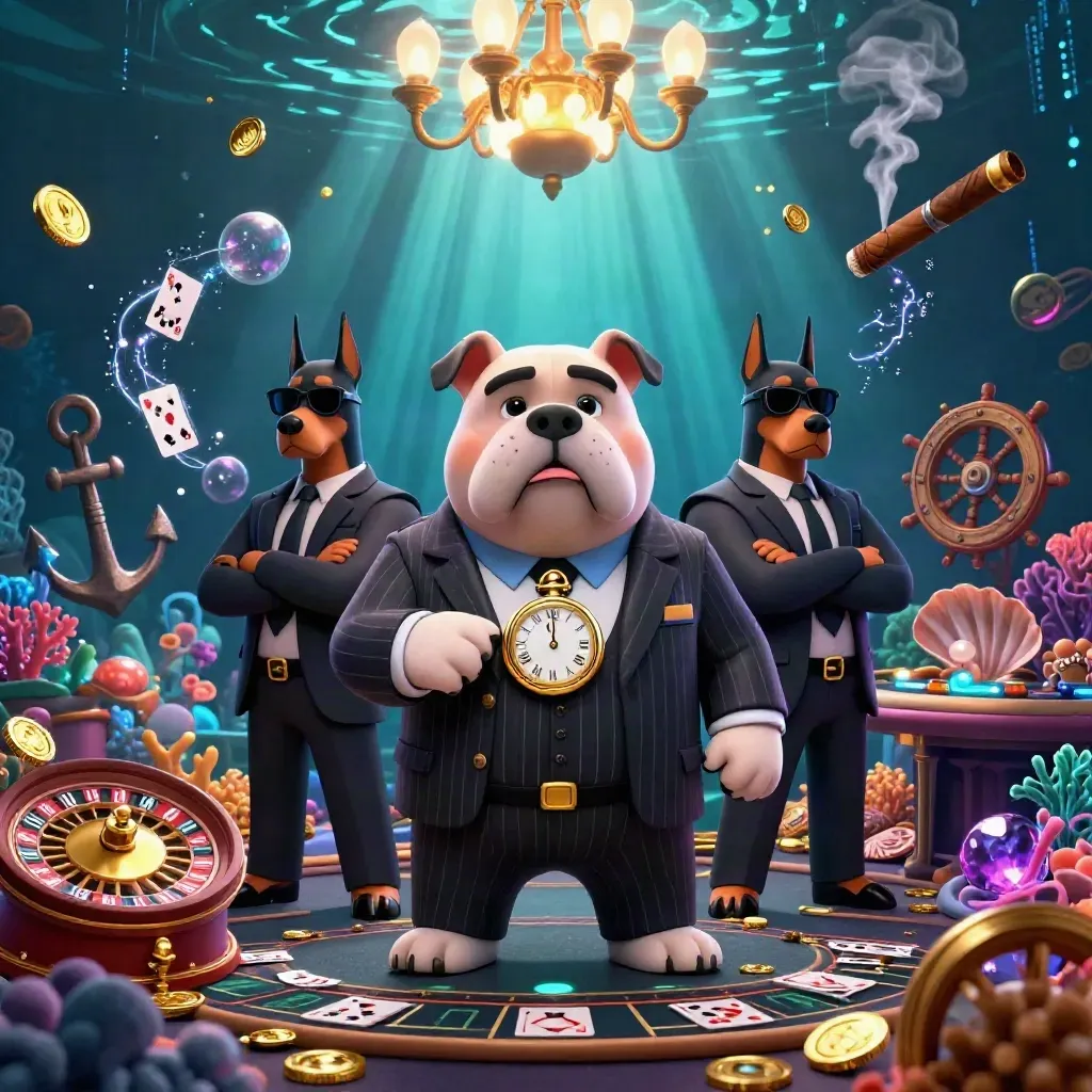 Bulldog crime boss and two Dobermans in an underwater casino treasure cove.