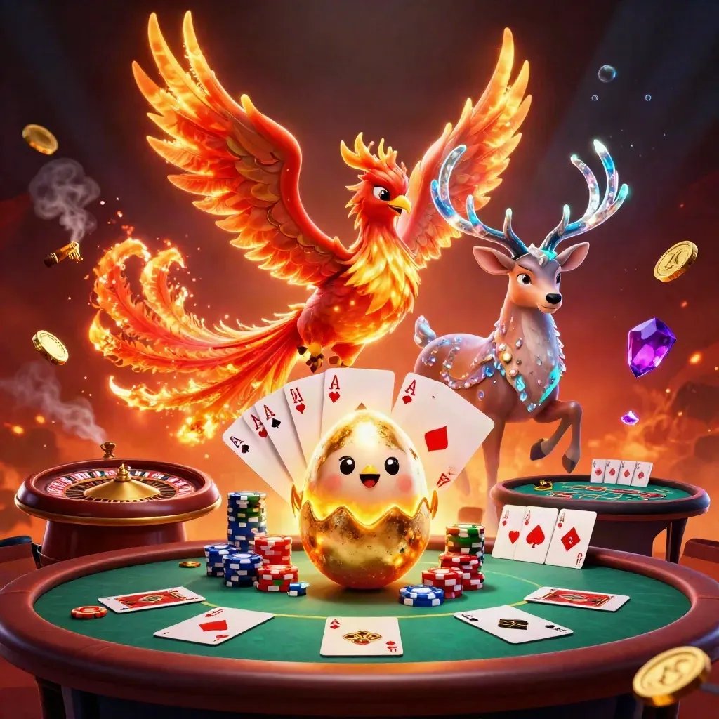 Fire phoenix, hatching baby phoenix, and crystal-antler stag in a luxe casino scene