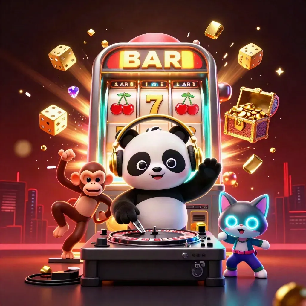 DJ panda, breakdancing monkey, and rave kitten amid jackpot burst, gold, and teal neon chaos.