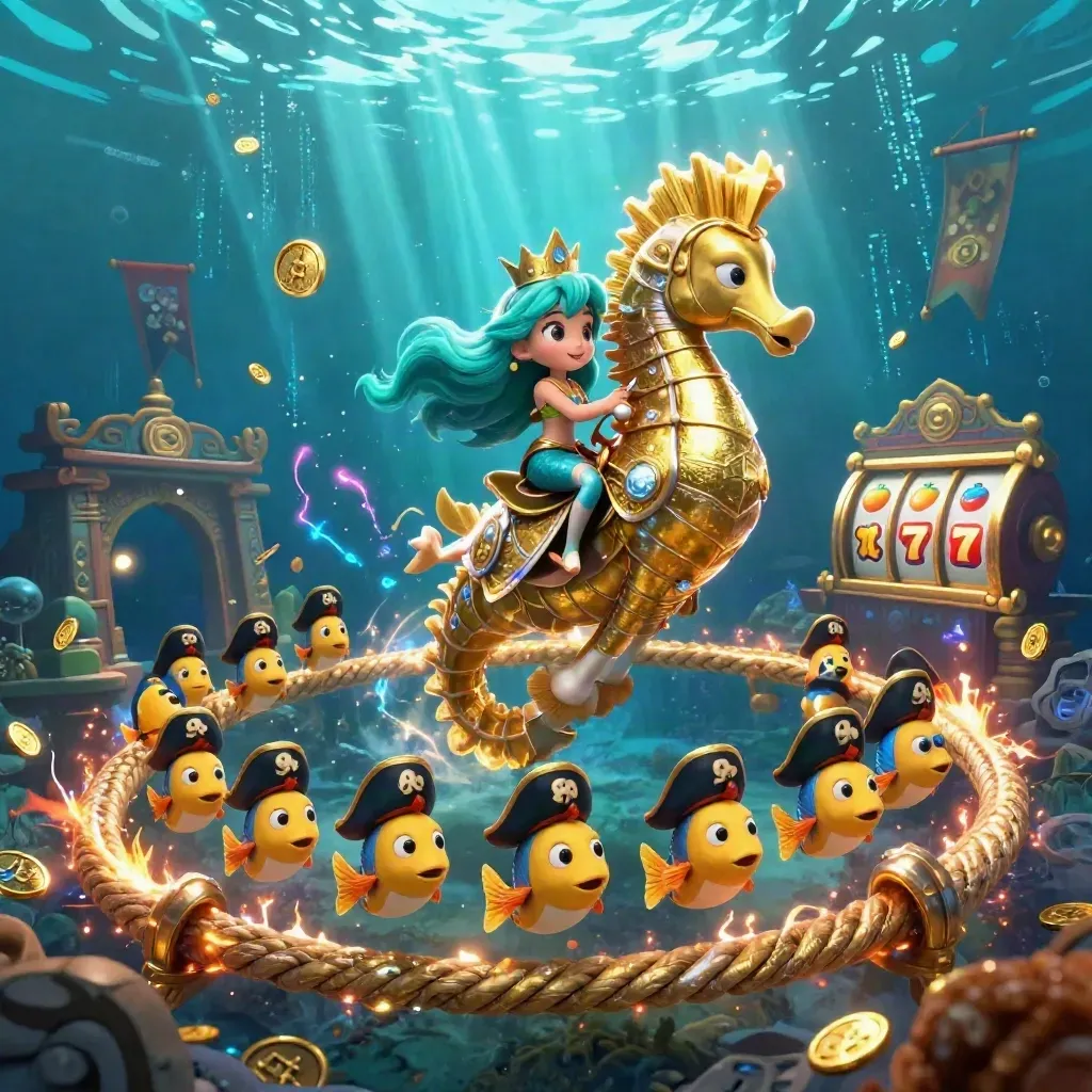 Mermaid princess on armored seahorse with pirate fish, temple gate, coins, and teal neon sea magic