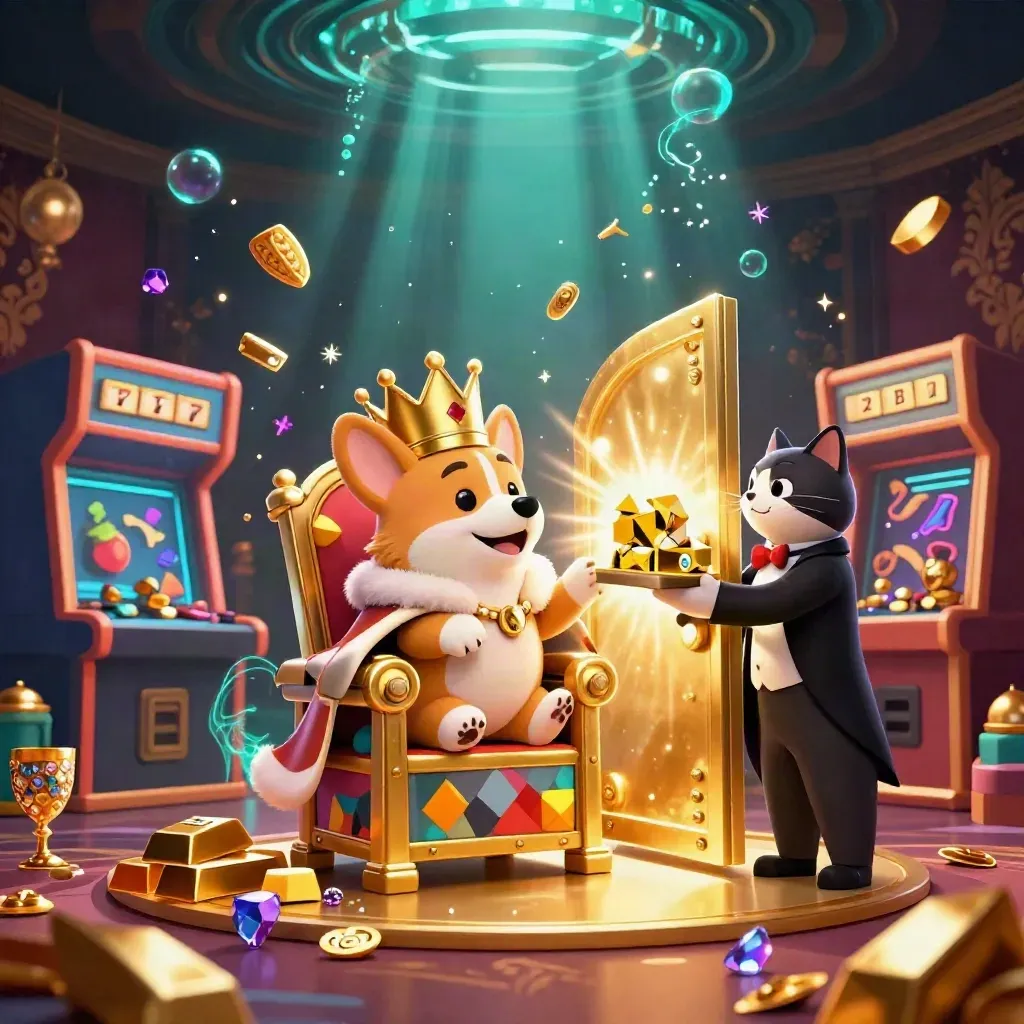 Royal corgi and cat butler amid opening vault, gold, gems, teal glow, casino chaos.