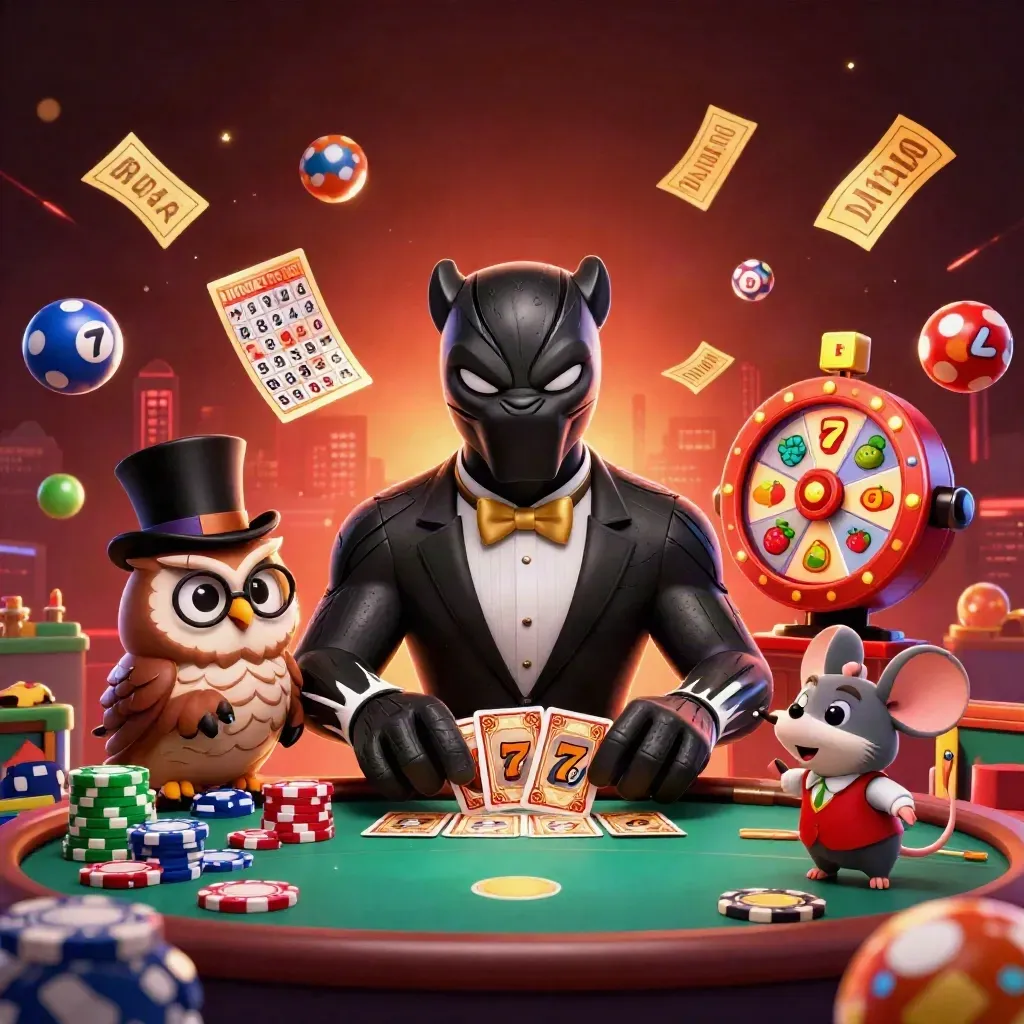 Panther, owl, and mouse amid casino chaos with cards, chips, reels, and teal storm glow.