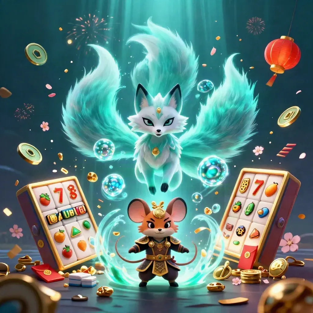 Fox spirit and gold-armored mouse amid casino treasure, neon teal magic, and underwater lights.
