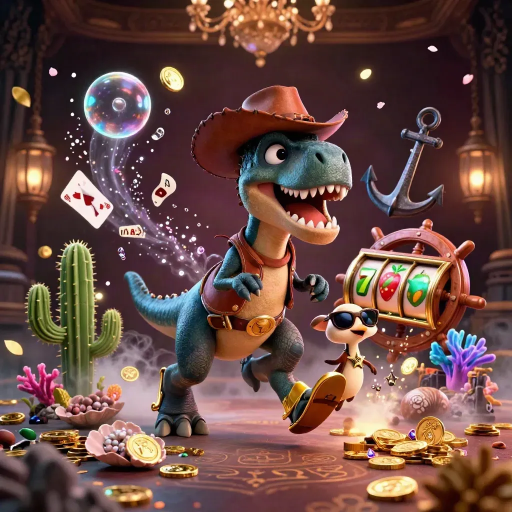 Cowboy T-Rex, cactus sidekick, and roadrunner amid teal treasure, coral, coins, and casino icons.