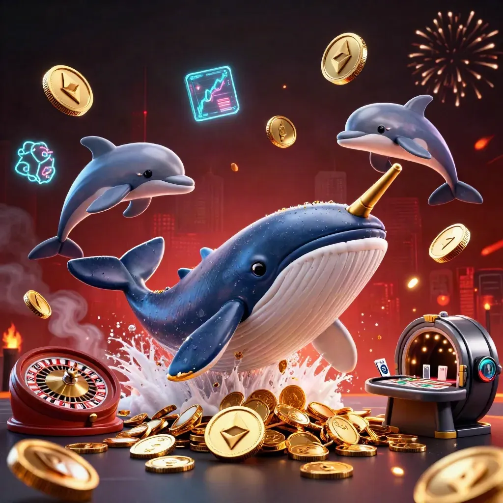 Whale captain, narwhal and dolphins amid coins, crypto icons and casino symbols in a stormy neon scene.