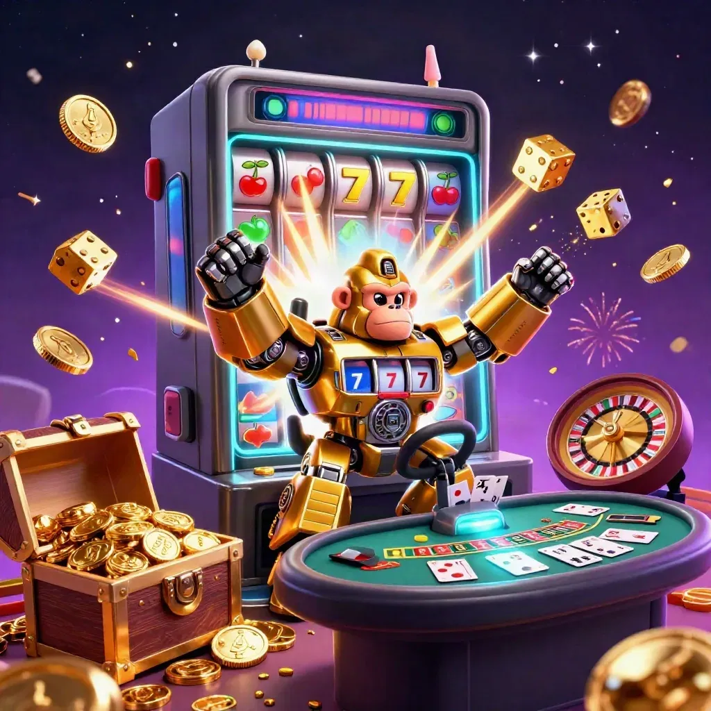 Golden gorilla mech and monkey pilot amid exploding slot riches, dice, cards, fireworks, and teal-gold neon