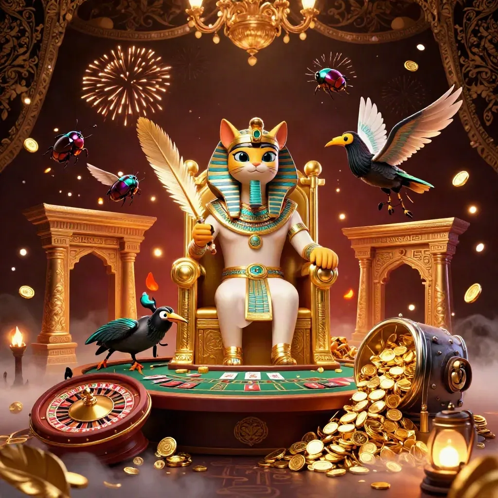 Pharaoh cat, ibis scribe and gem-wing scarabs amid coins, fireworks and casino relics