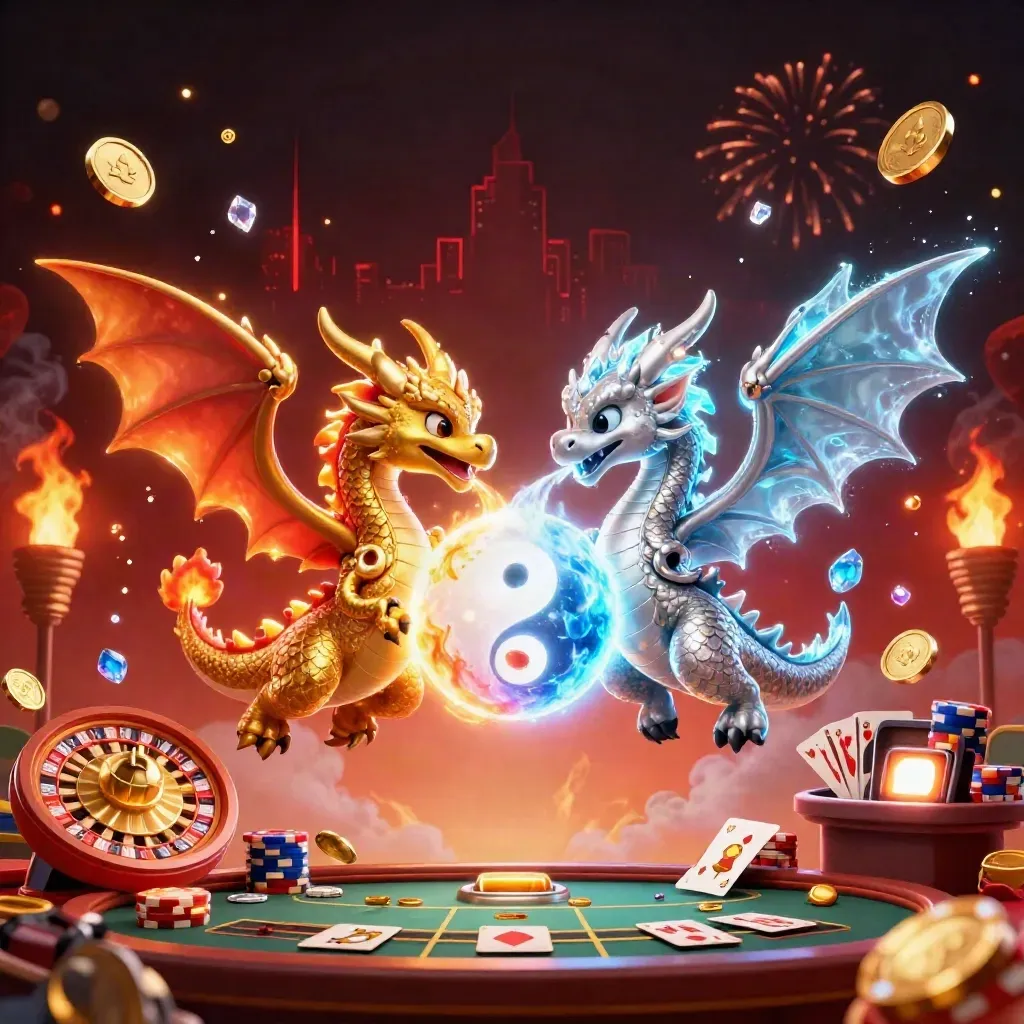 Twin gold and silver dragons swirl amid casino coins, chips, cards, and neon storm effects.