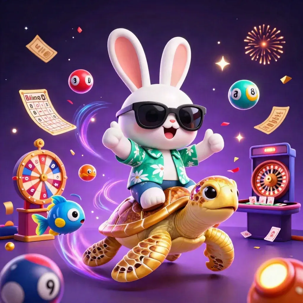Lucky rabbit on gem turtle amid casino prizes, fireworks and neon storm energy