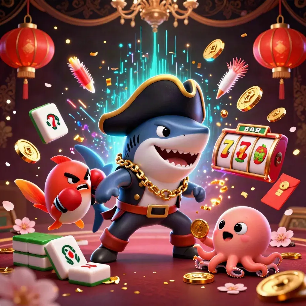 Pirate shark, boxing pufferfish, and coin-juggling octopus amid casino storm effects.