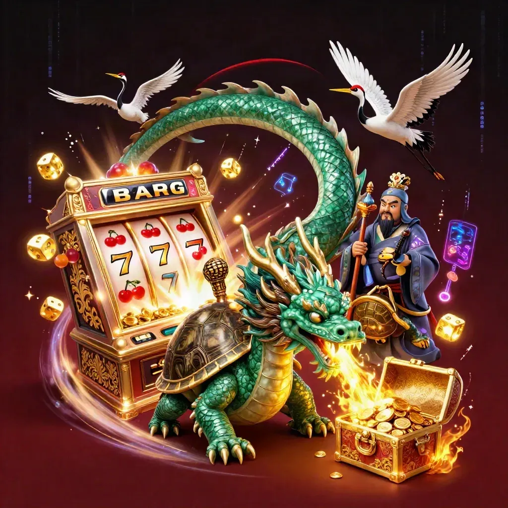 Emerald dragon, turtle sage, and cranes amid a bursting slot machine and gold sparks.