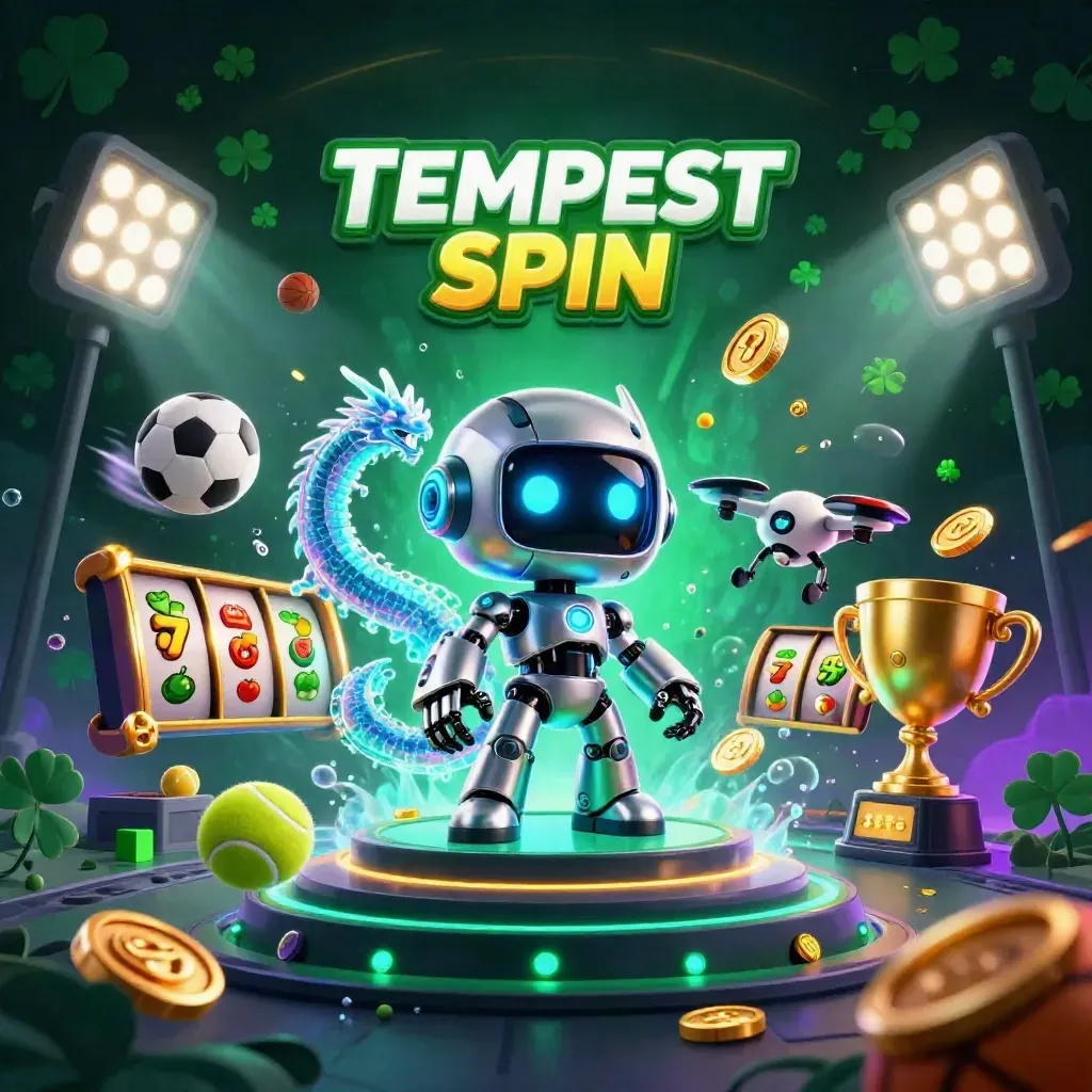 Robot, holographic dragon, and coin drone amid casino sports icons, coins, reels, and stormy neon light.