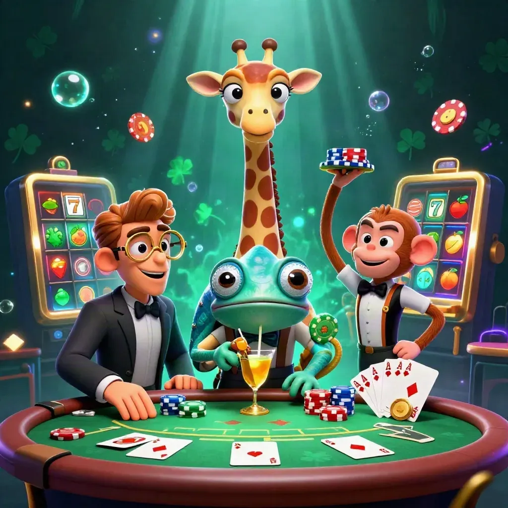 Cartoon giraffe, monkey, and chameleon at a neon poker table with chips and glowing casino effects.