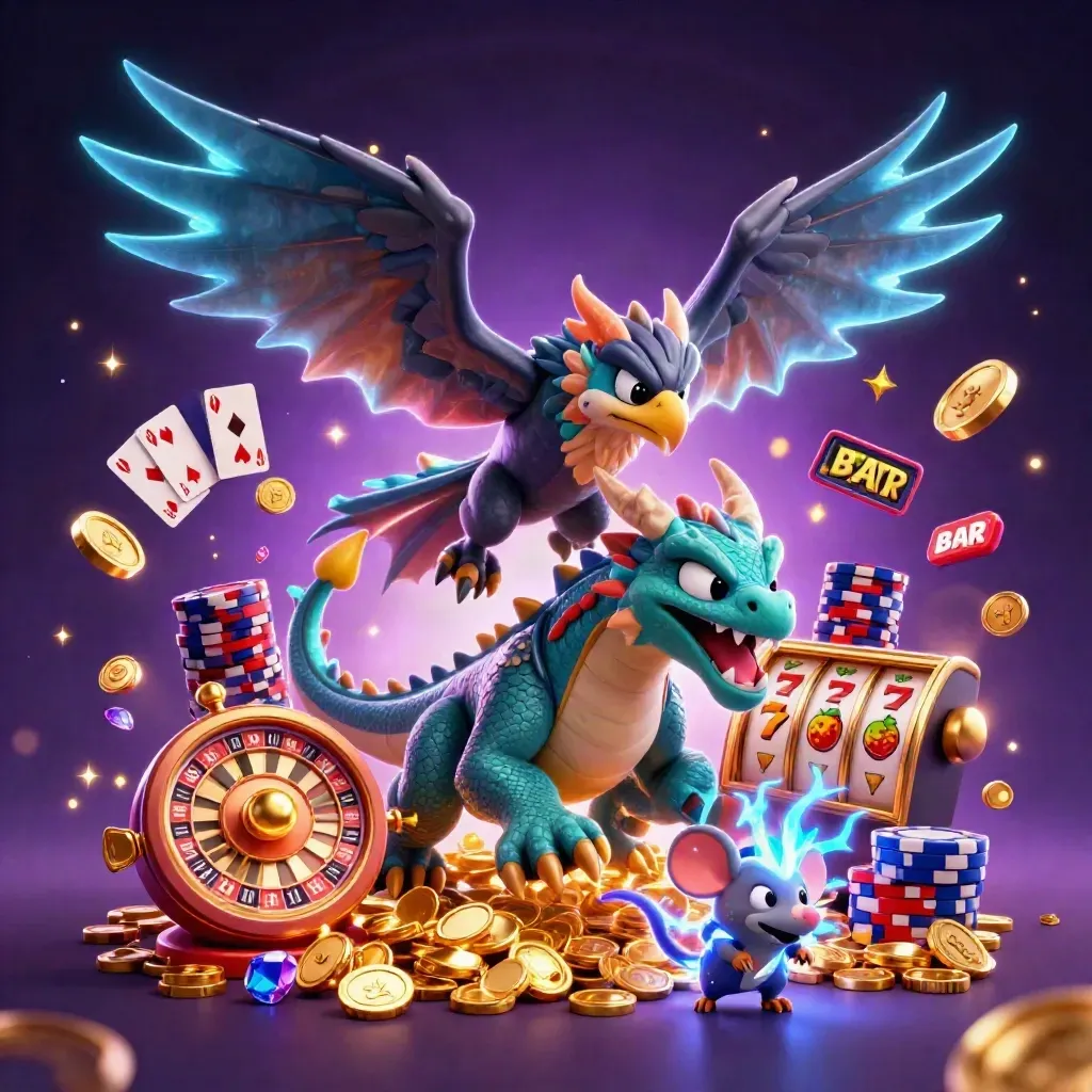 Thunder dragon, wind hawk, and static mouse amid casino reels, coins, chips, and lightning