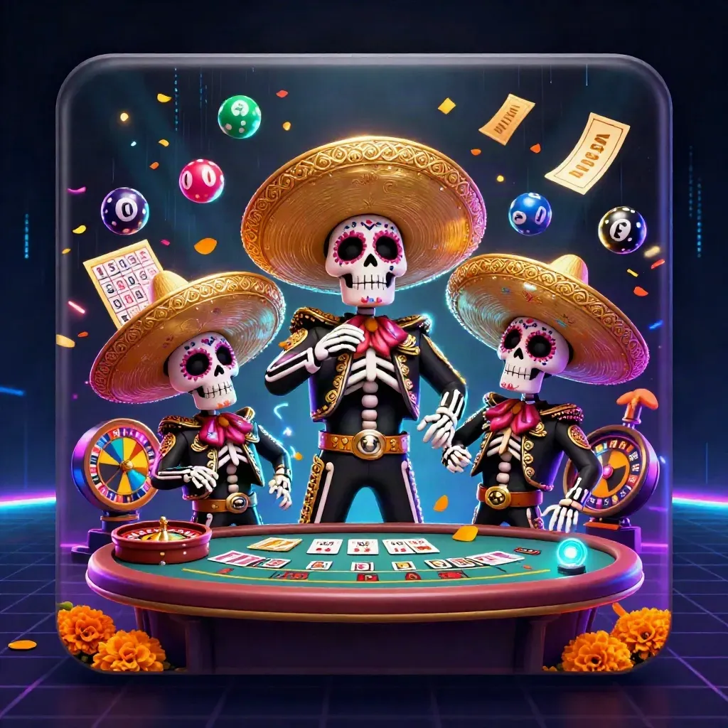 Day-of-the-Dead skeleton mariachi trio with casino rewards and neon storm effects.