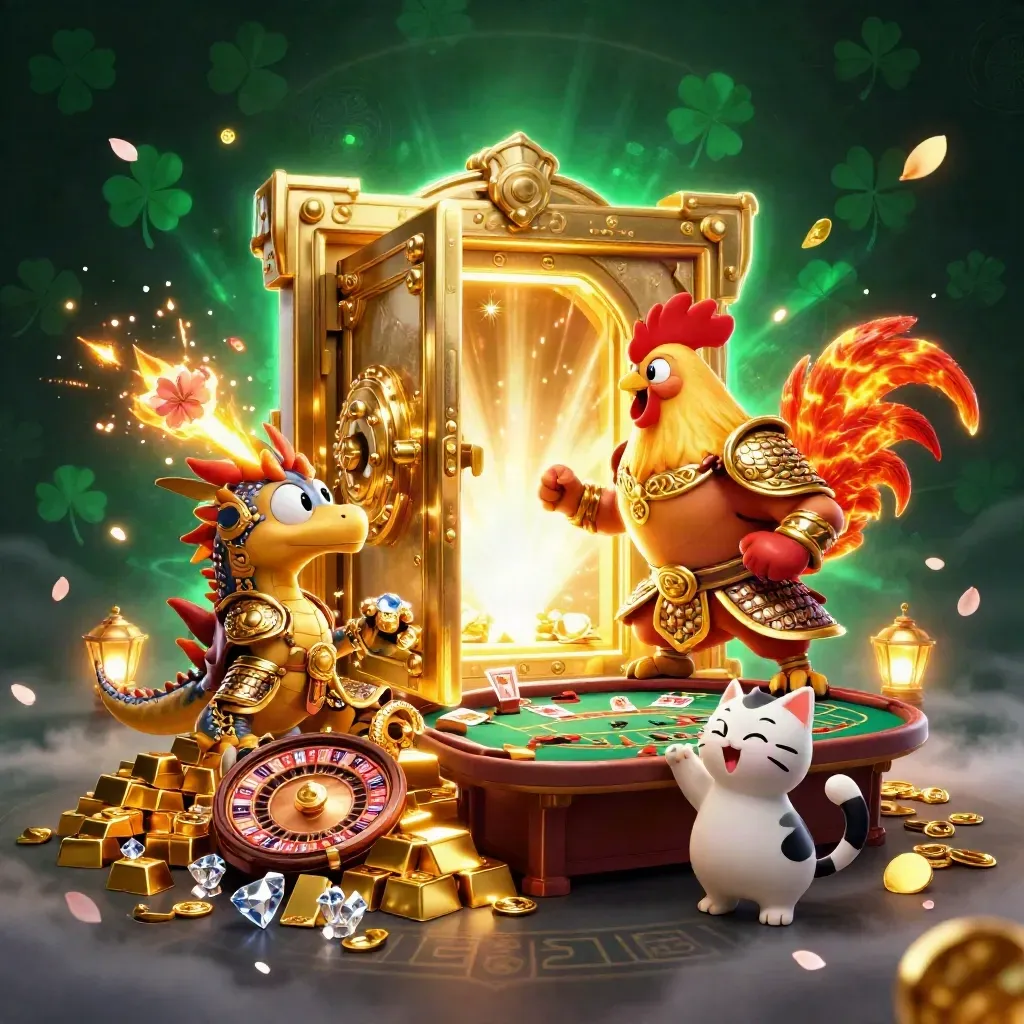 Rooster warrior, dragon hatchling, and lucky cat amid gold, vault glow, and casino sparks.