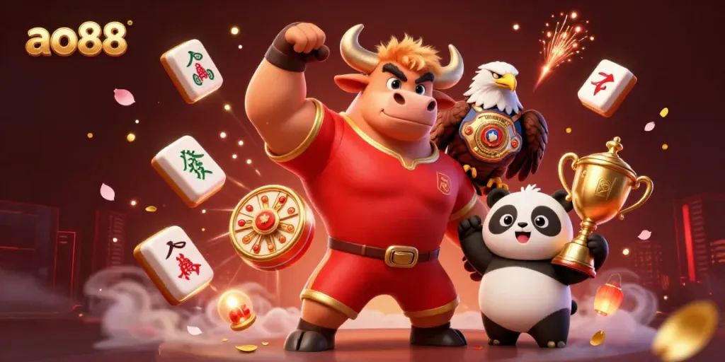 Celebrate wins at ao88 with a vibrant cartoon scene showcasing a bull mascot, eagle, and panda among spinning slots.