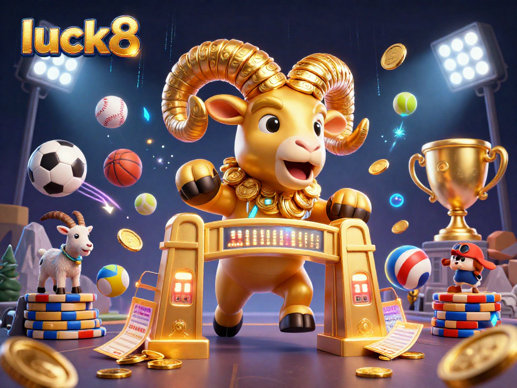 Luck8 offers thrilling action with a golden ram charging through a vibrant 3D casino adventure featuring sports elements.