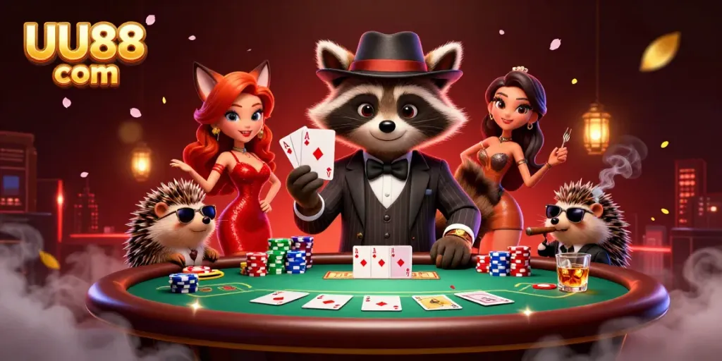Experience the thrill of poker with UU88 com featuring a suave raccoon, a fox lady, and vivid game elements.