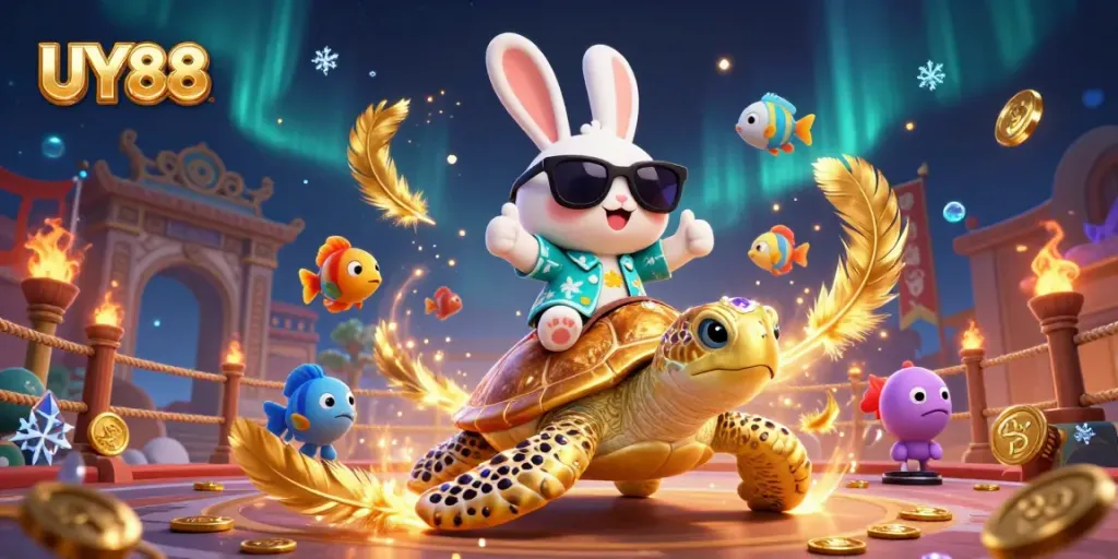 Engage in thrilling online games with UY88, featuring an animated lucky rabbit and golden sea turtle in action!