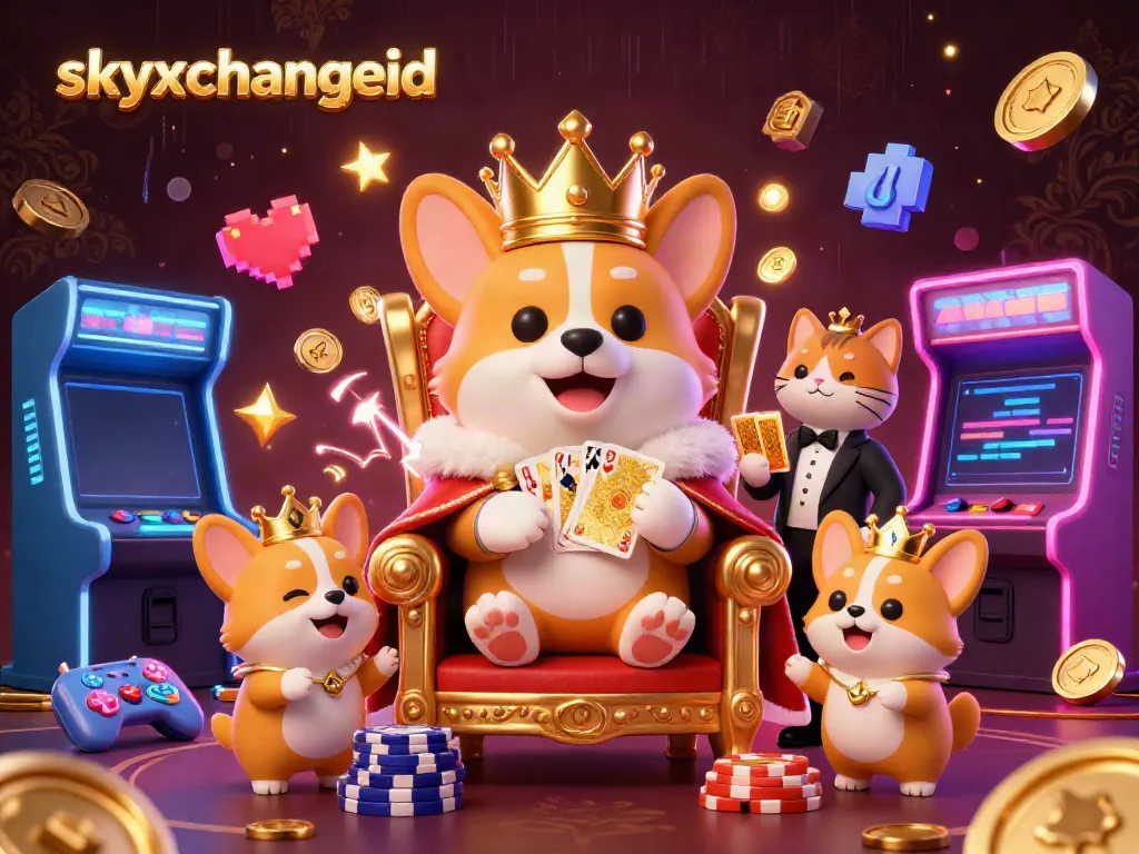 Experience thrilling bets with skyxchangeid in a vibrant 3D carnival scene featuring a royal corgi and gaming wonders.