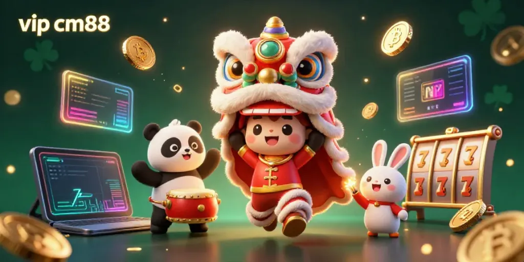 Experience the vibrant vip cm88 scene with a lion dance, crypto coins, and casino elements in a dynamic celebration.