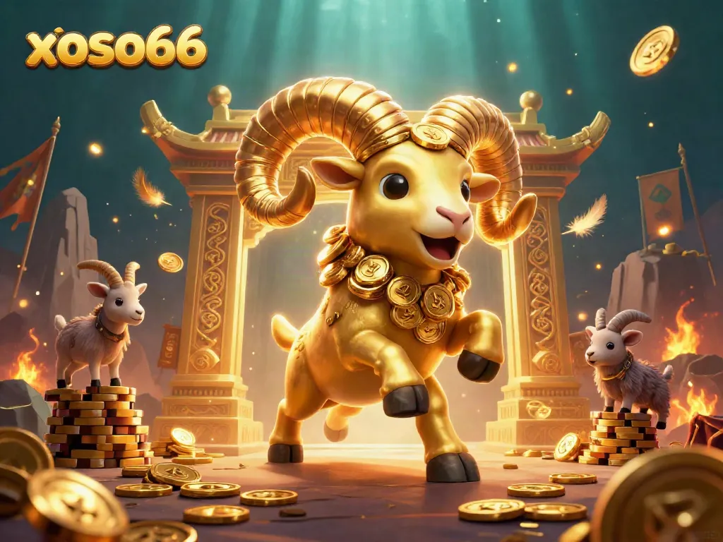 Experience the thrill at xoso66 with golden ram charging through a vibrant casino scene filled with luck.