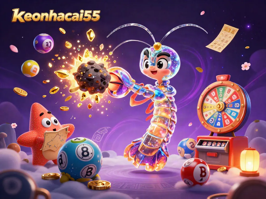 Bet on excitement with keonhacai55 featuring a galactic samurai mantis shrimp winning golden gems amidst colorful lottery elements.